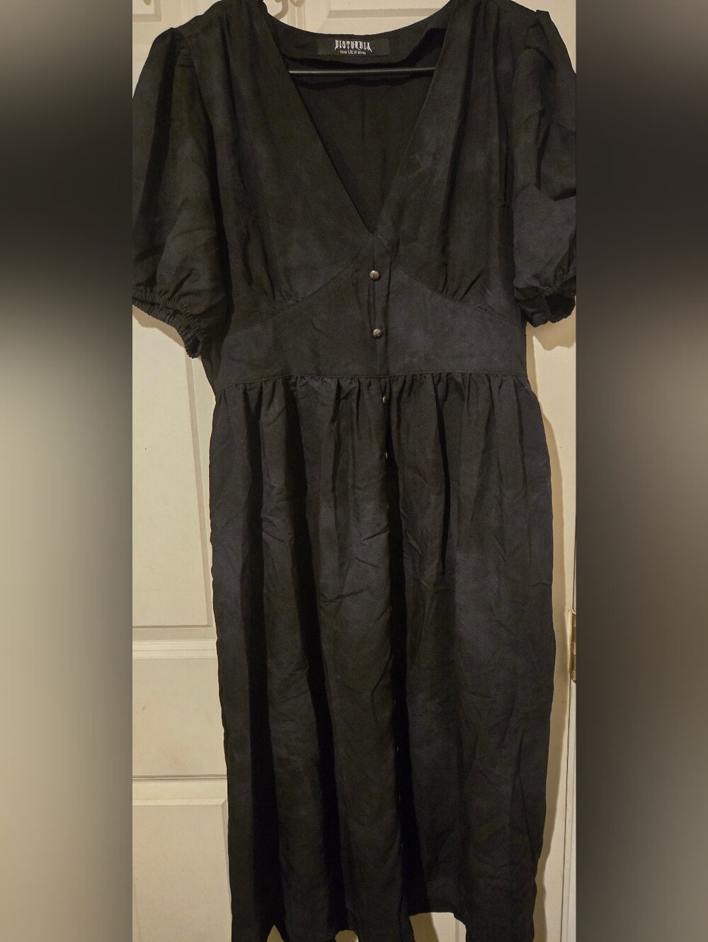 Disturbia Black V-Neck Puff Sleeve Midi Dress